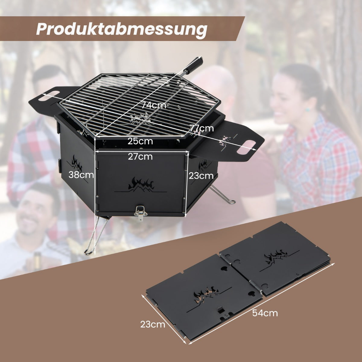 Stor – kolgrill med 360° roterande i eldskål – 2 1 77 x 74 x 38 cm – Svart