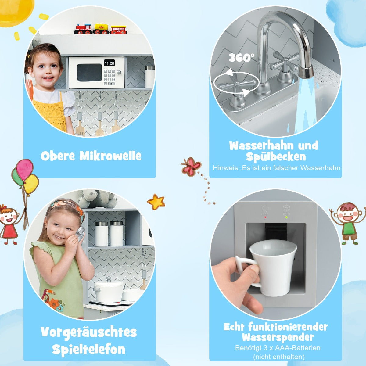 Barnkök – med Realistiskt Ljus och Ljud Tillbehör – 76 x 28 x 80 cm – Grå