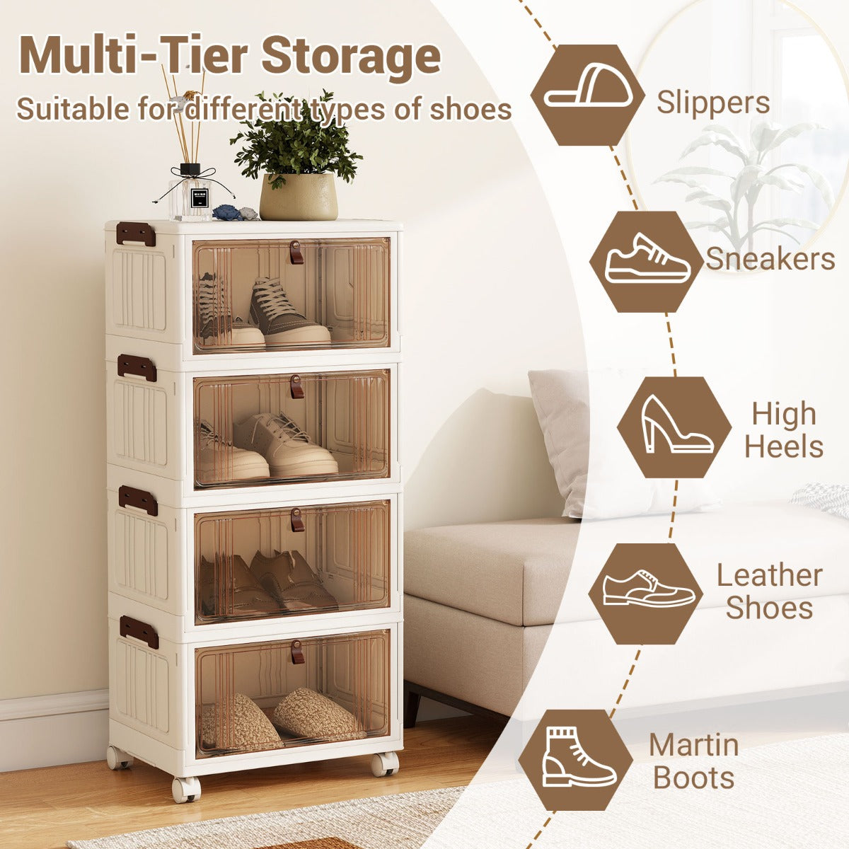 vånings – hopfällbar skobox, stapelbar förvaringslåda med lock – 4 – Vit