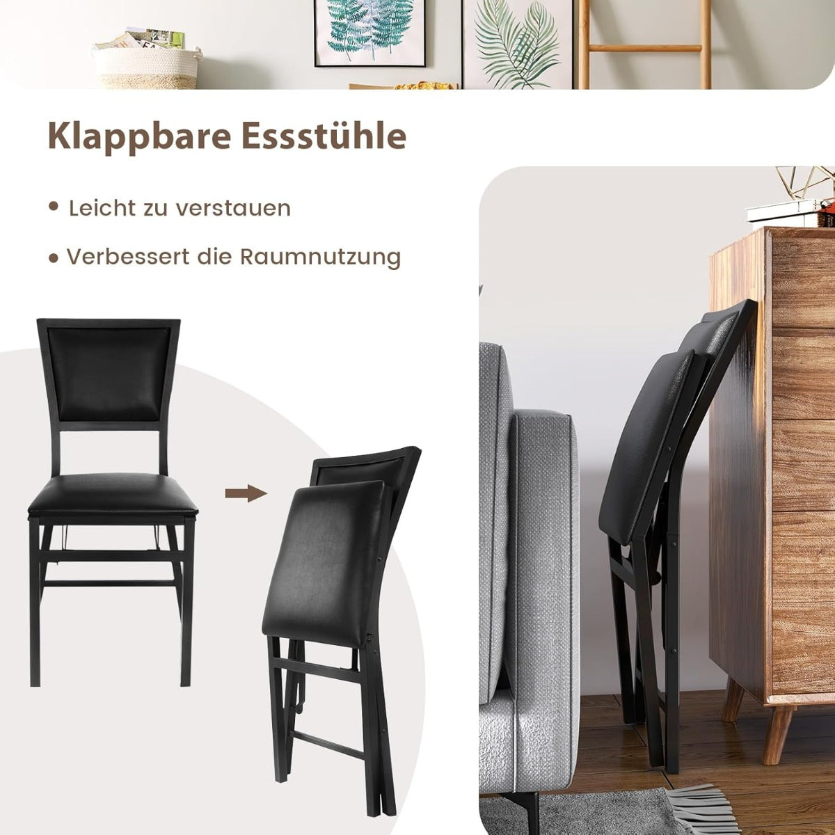 pack – matstolar med metallram Hopfällbara vadderade Köksstolar – 4 – Svart