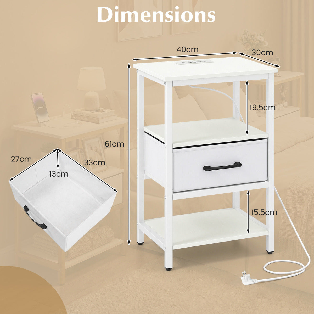 pack – sängbord med laddstation sidobord tyglåda och förvaringsfack vitt – 2 – Vit