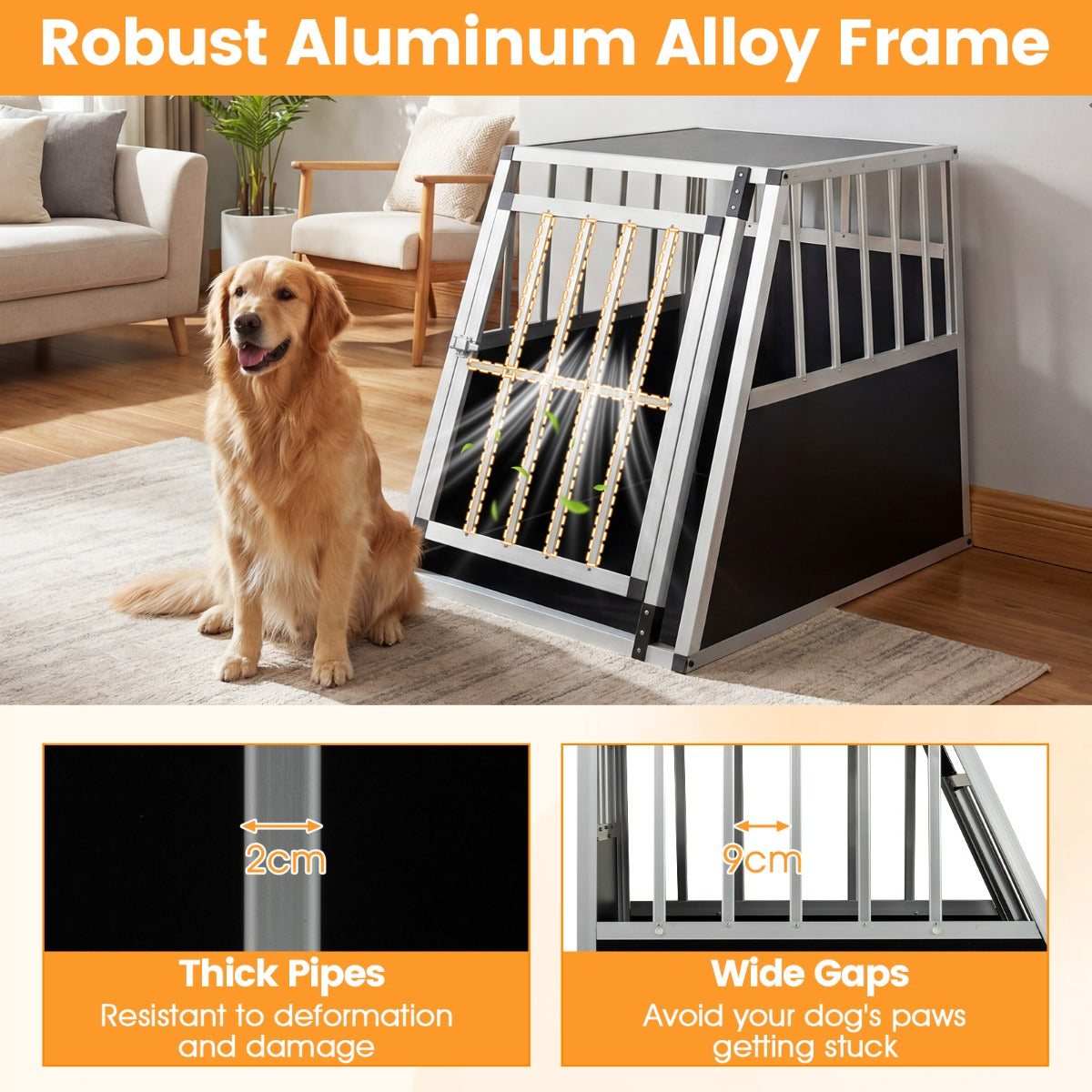 Hundtransportlåda – Med Låsbart Dörr Och Avtagbar Skiljevägg Aluminium Hundbur – 91 x 65 x 69,5 cm – Svart och silver