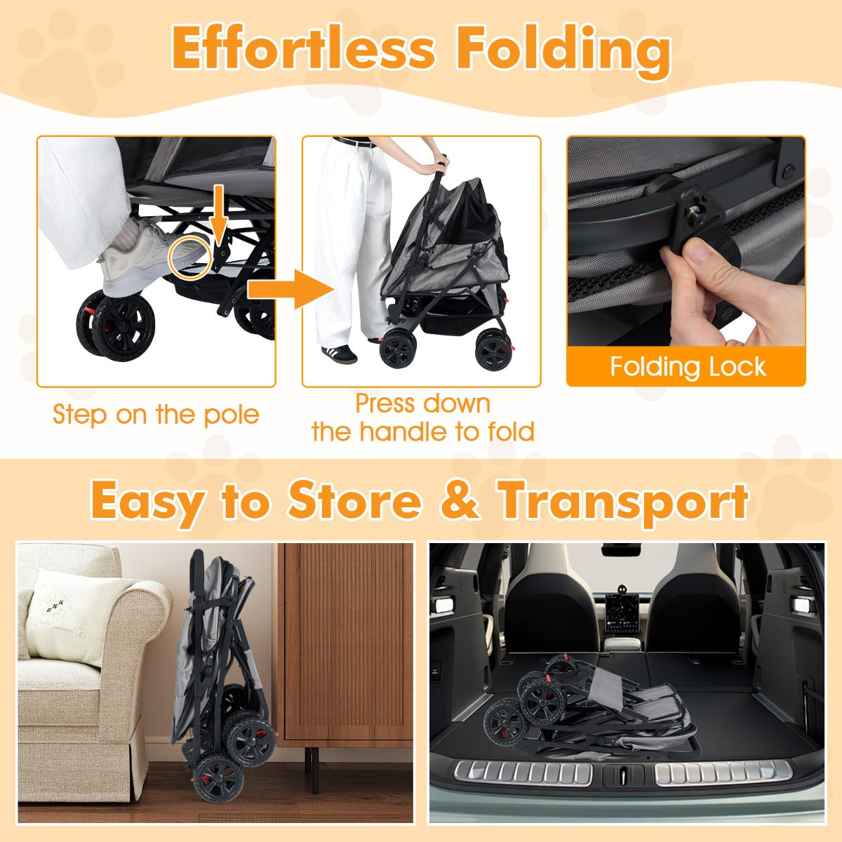 Dubbel – hundvagn med sitsig bärväska och justerbart solskydd Kattvagn – 2 – Grå
