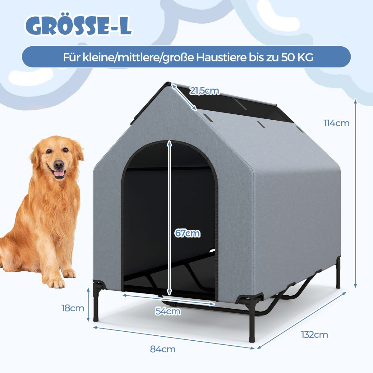 i – hundkennel och upphöjd hundsäng Hundstol utomhus husdjurshus med andningsbart nättyg grått – 2 1 84 x 132 x 114 cm – Grå