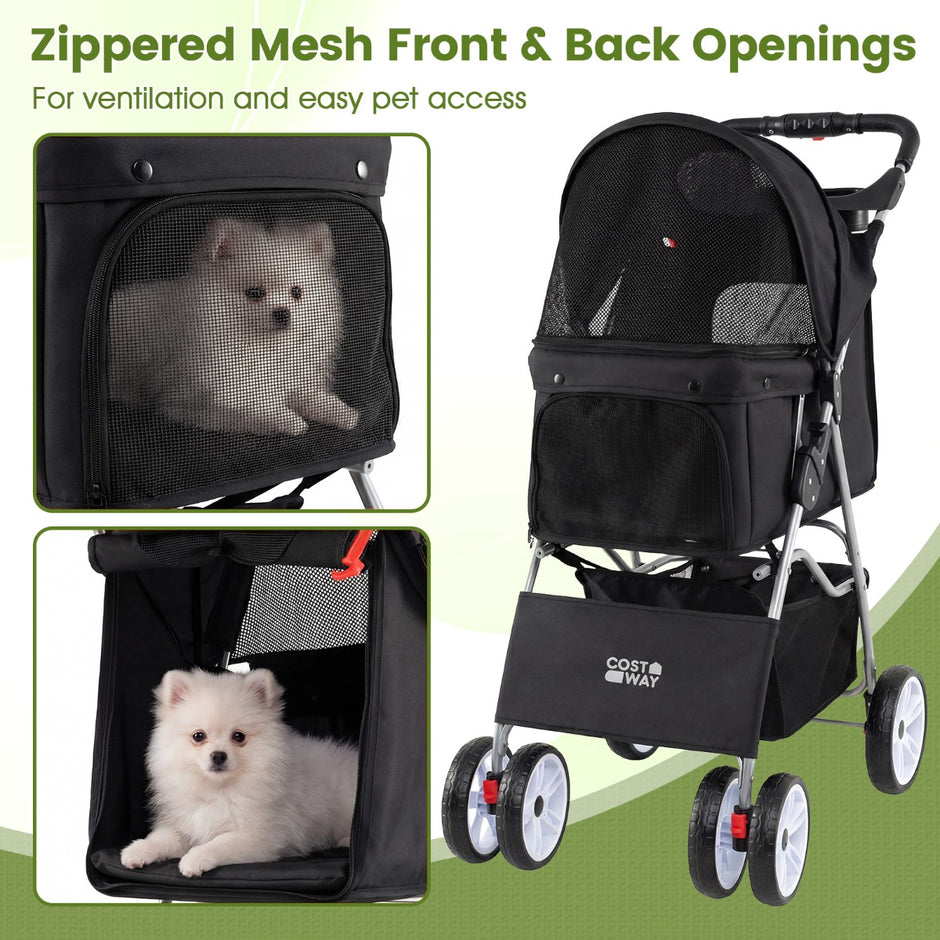 Hopfällbar – husdjursvagn med andningsbart nät vattentätt överdrag Terrängdäck – Svart