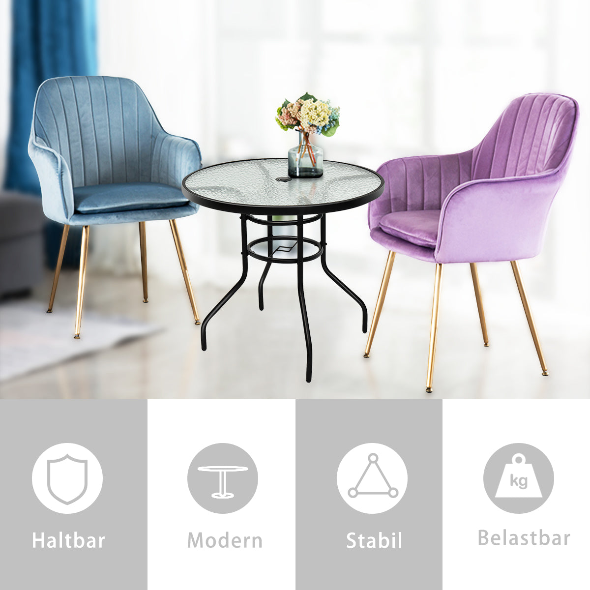 Bistrobord – av metall med paraplyhål och förtjockad glasskiva trädgårdsbord glasbord – Svart
