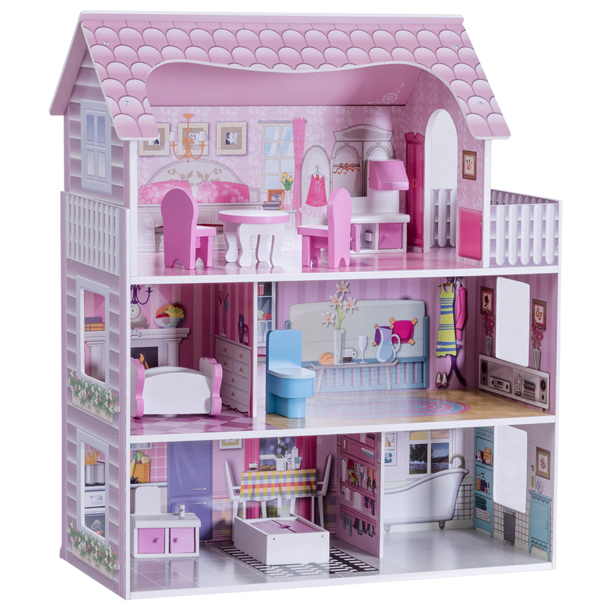 Dockhus – i våningar i trä med möbler och tillbehör Dockvilla Girl Pink – 3 – Rosa