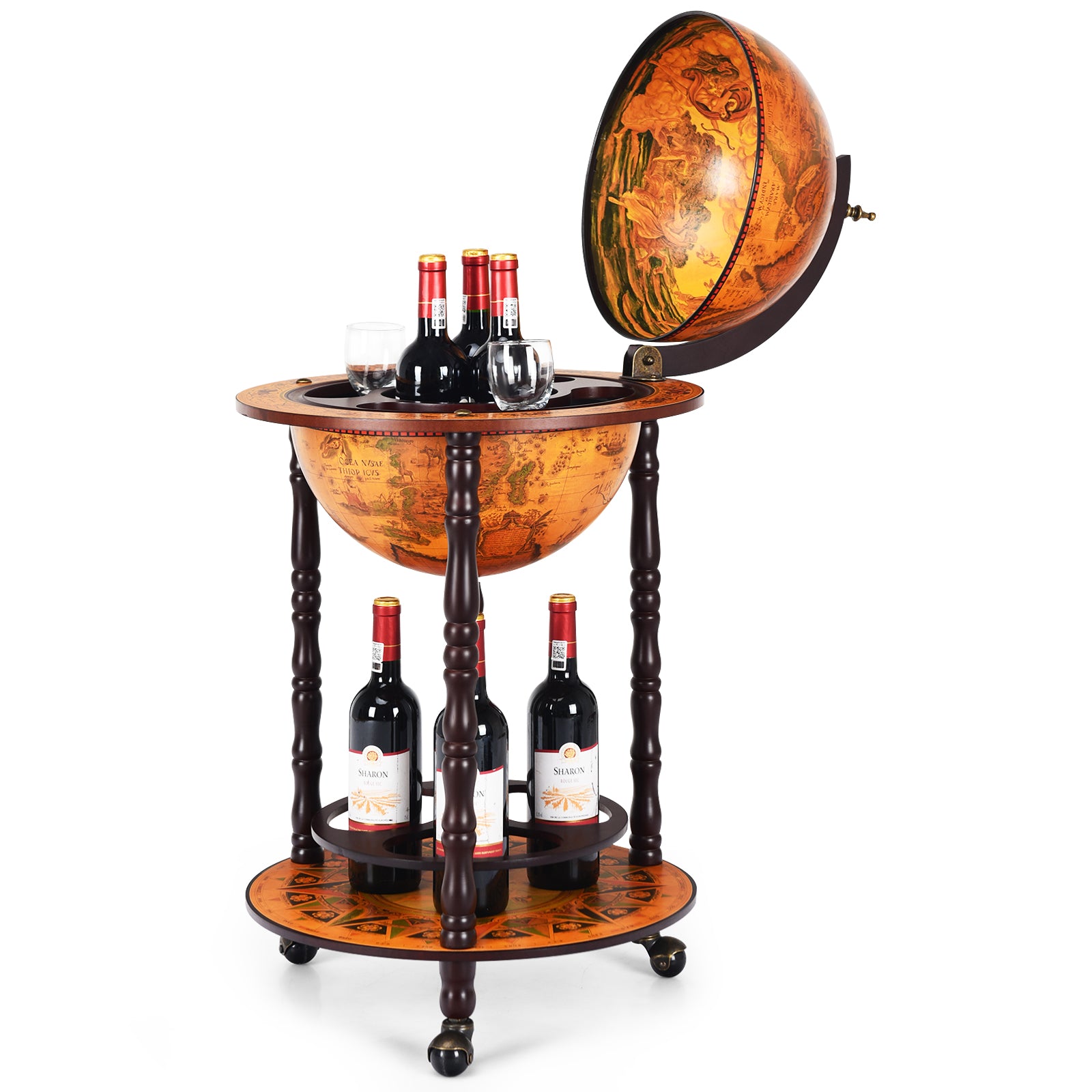Rolling – Globus vinstativ bar på hjul för vin – 47 x 47 x 90 cm – Brun