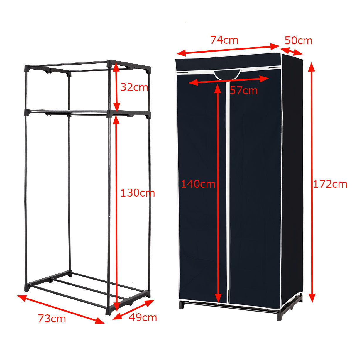 Färgval – Garderob Tyg med klädstång – 75 x 50 x 170 cm – Svart