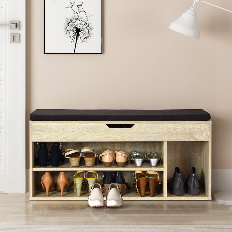 Skobänk – skoskåp skoställ med sittdyna trä vit/ naturlig – 104 x 48 x 30 cm – Natur