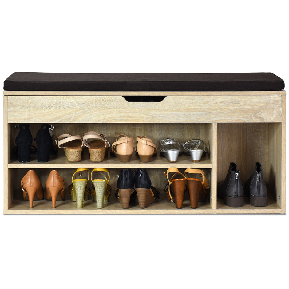 Skobänk – skoskåp skoställ med sittdyna trä vit/ naturlig – 104 x 48 x 30 cm – Natur