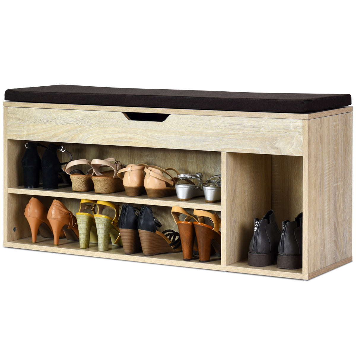 Skobänk – skoskåp skoställ med sittdyna trä vit/ naturlig – 104 x 48 x 30 cm – Natur