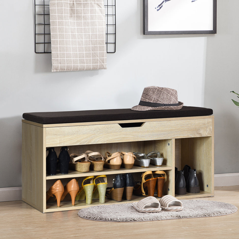 Skobänk – skoskåp skoställ med sittdyna trä vit/ naturlig – 104 x 48 x 30 cm – Natur