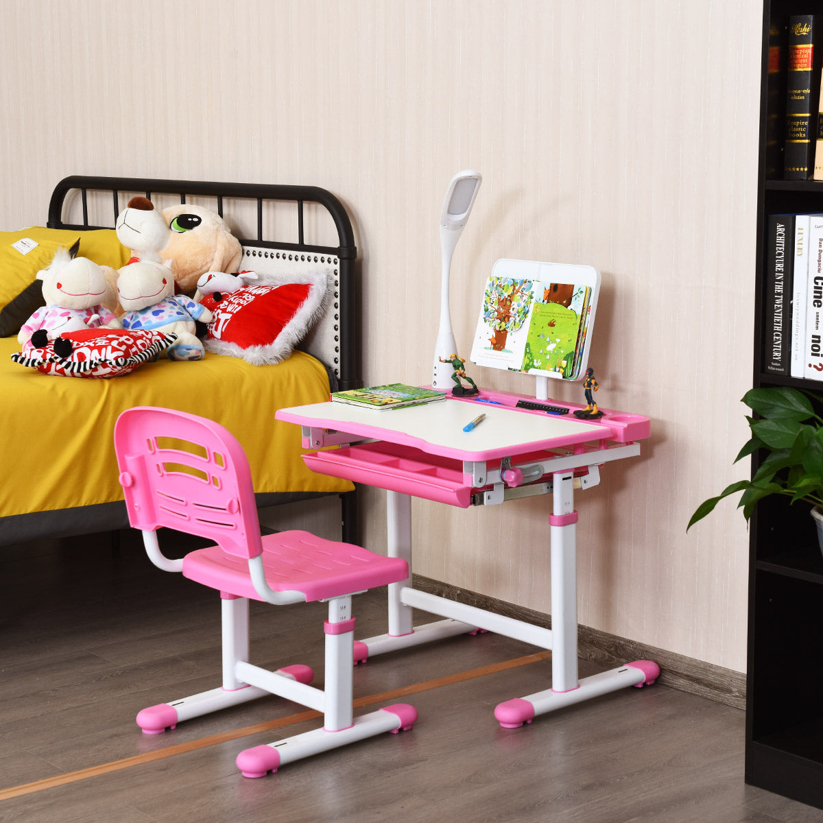 Barn – Skrivbord Tilt Justerbart Student med Lampa och Stol Färg Val – Rosa