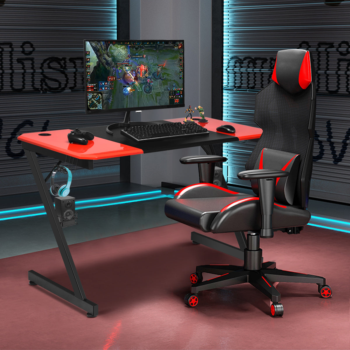 Z – format spelbord datorbord PC med mugghållare hörlurskrok och högtalarställ skrivbord /rött – Röd och svart