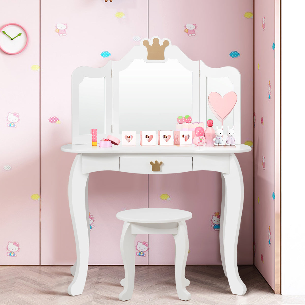 i – Sminkbord Set Flickor Trä Spegelbord – 2 1 80 x 42 x 105 cm – Vit