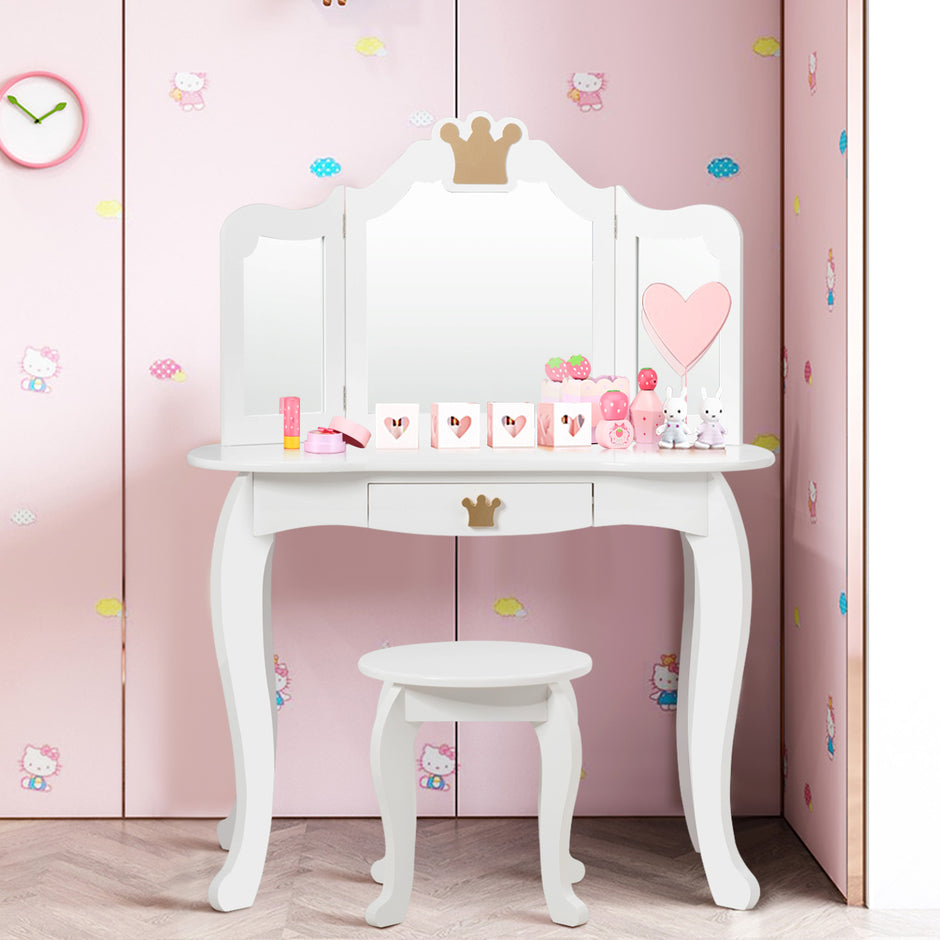 i – Sminkbord Set Flickor Trä Spegelbord – 2 1 80 x 42 x 105 cm – Vit
