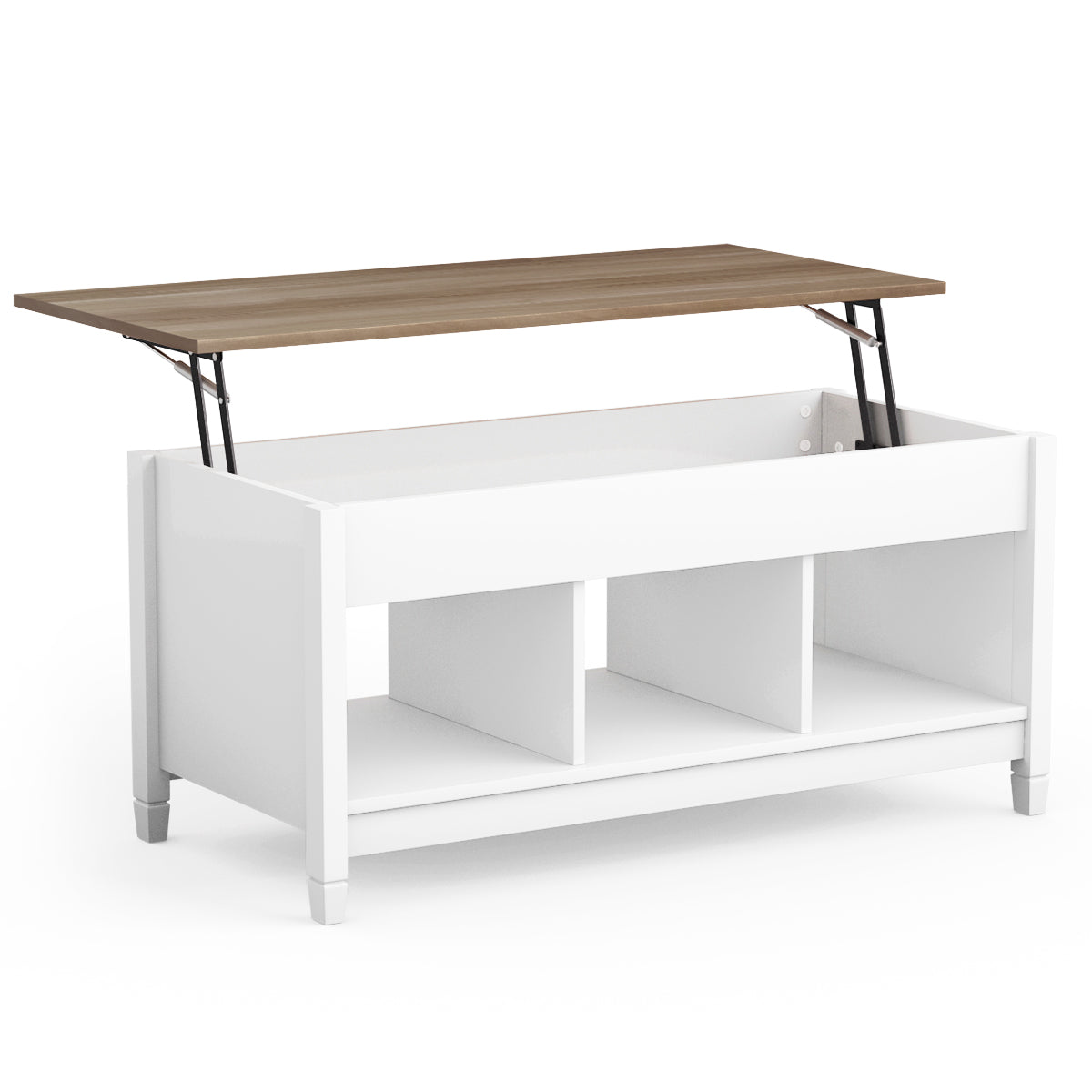 Soffbord – med lyftplatta förvaringsutrymme och öppna hyllor höjdjusterbar – 3 104,5 x 49 x 48-62,5 cm – Vit