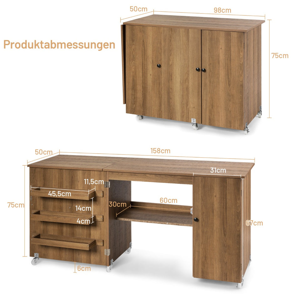 Fällbart – sybord mångsidigt hantverksbord med bred bänkskiva – 158 x 50 x 75 cm – Brun