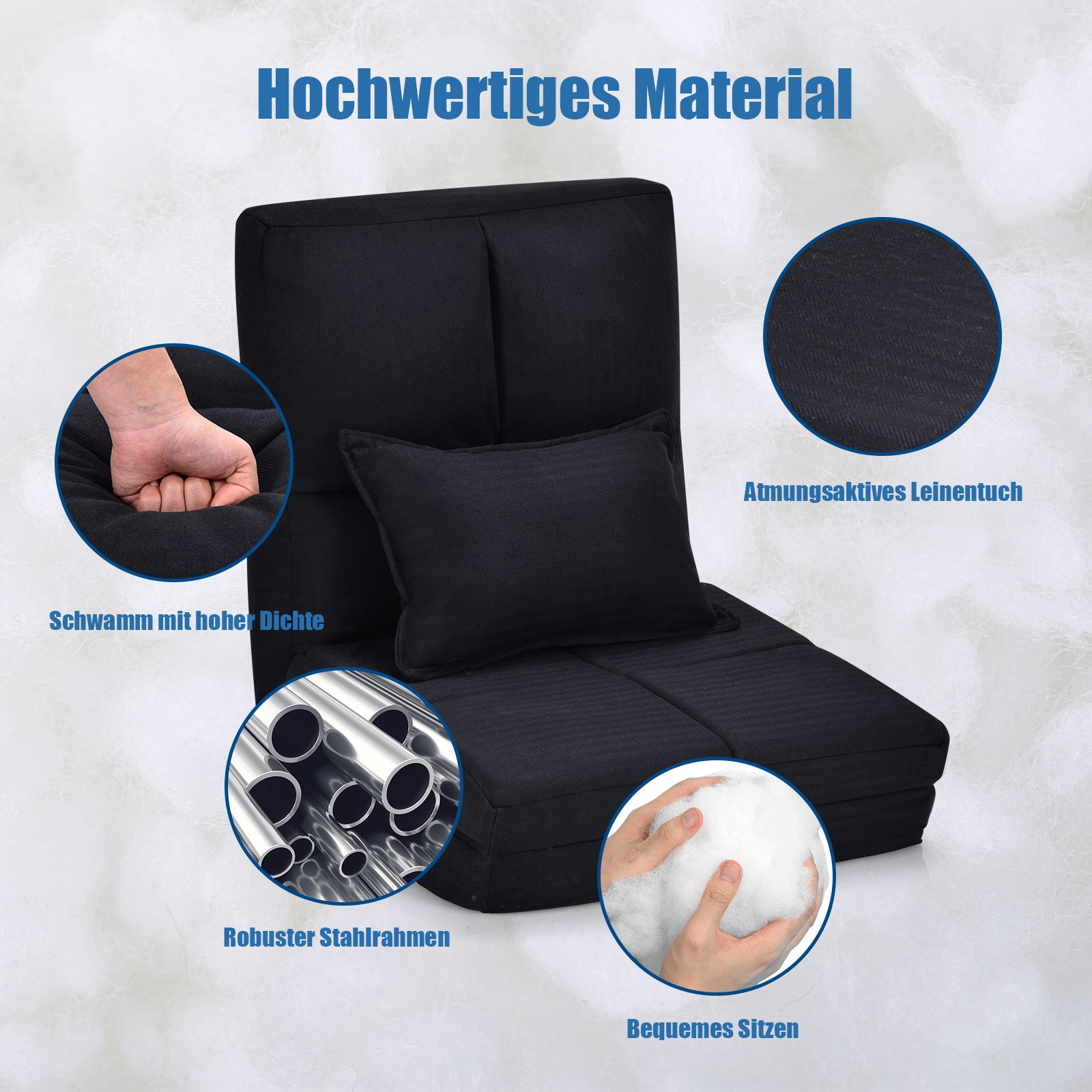Justerbar – Golvstol Fällbar Golvsoffa med Soft Cushion – Svart