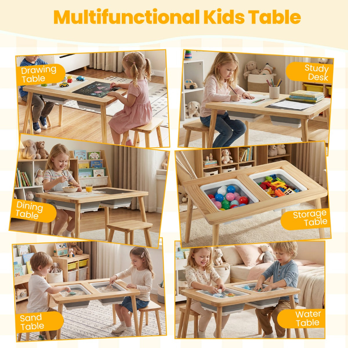 Sinnes – und Spieltisch mit Hockern, Kindertisch Stuhlset, Aktivitätentisch für Kleinkinder ab Jahren – 2 3 – Natur