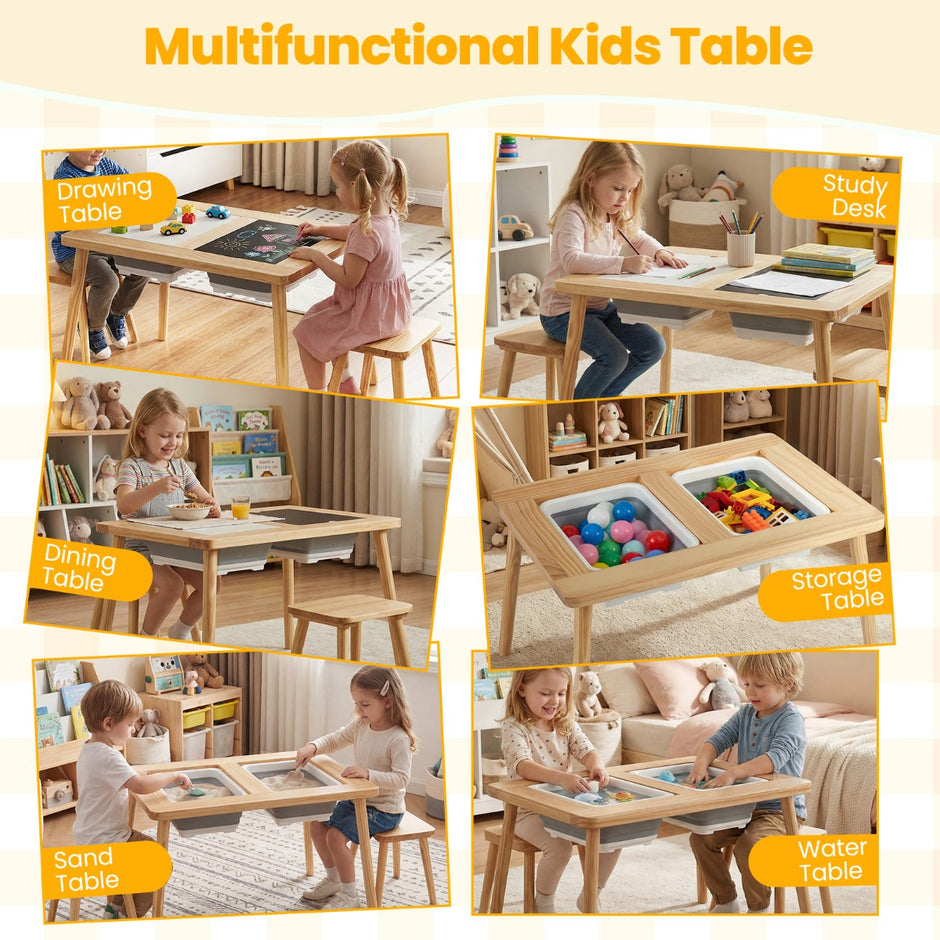 Sinnes – und Spieltisch mit Hockern, Kindertisch Stuhlset, Aktivitätentisch für Kleinkinder ab Jahren – 2 3 – Natur