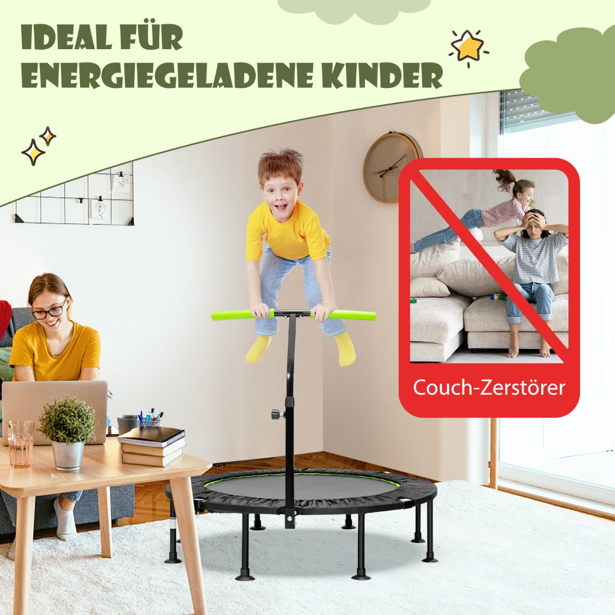 Hopfällbar – ministudsmatta med höjdjusterbart handtag Barnstudsmatta – Ø 110 cm – Grön
