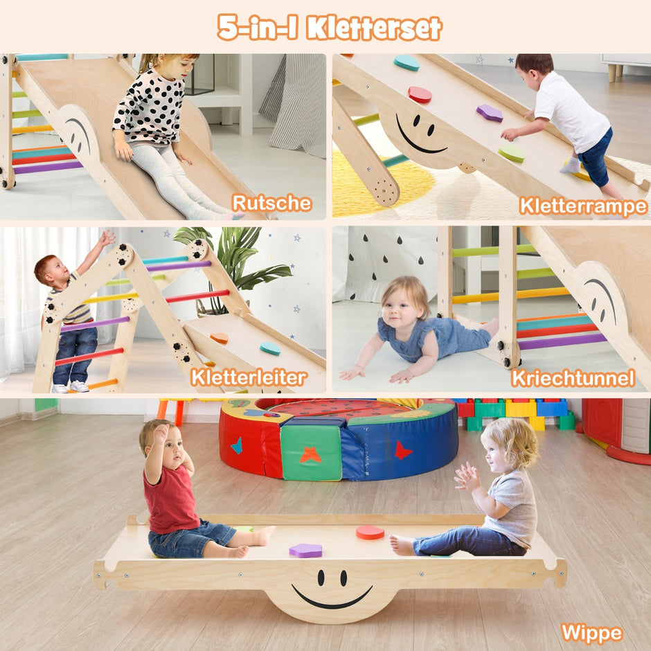 Vikbara – träklättrarleksaker med justerbar och vändbar Montessori klättringssats – Färgglad