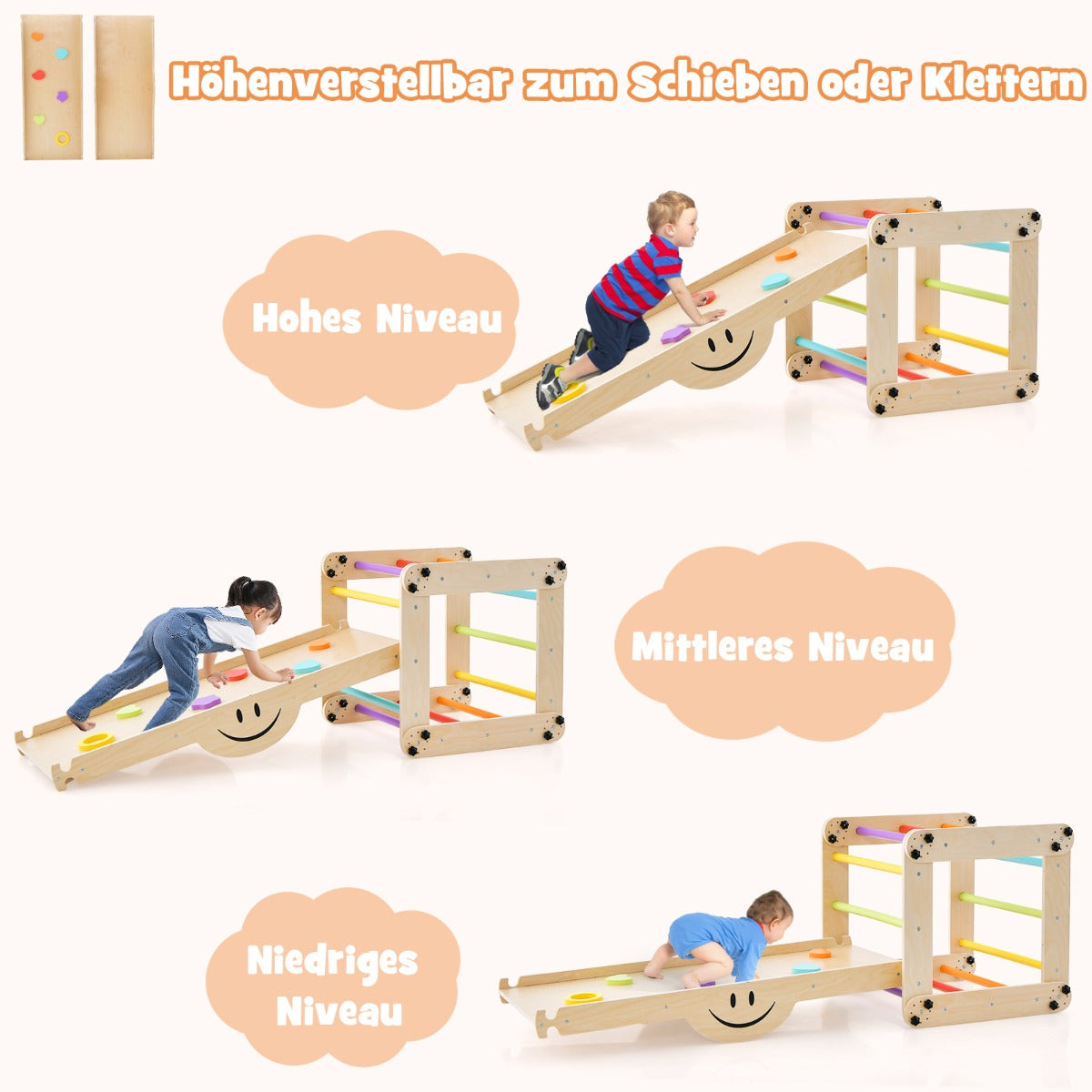 Vikbara – träklättrarleksaker med justerbar och vändbar Montessori klättringssats – Färgglad