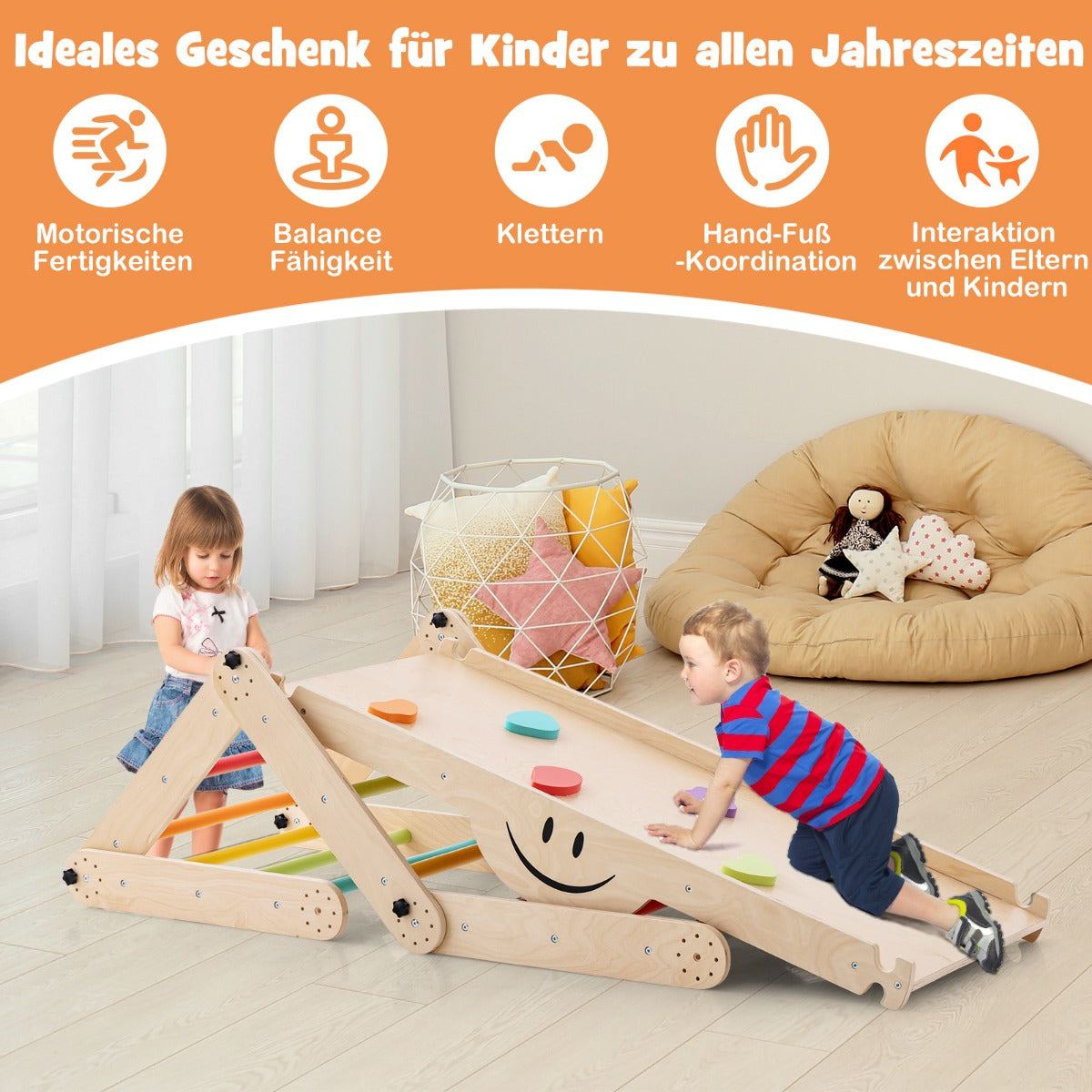 Vikbara – träklättrarleksaker med justerbar och vändbar Montessori klättringssats – Färgglad