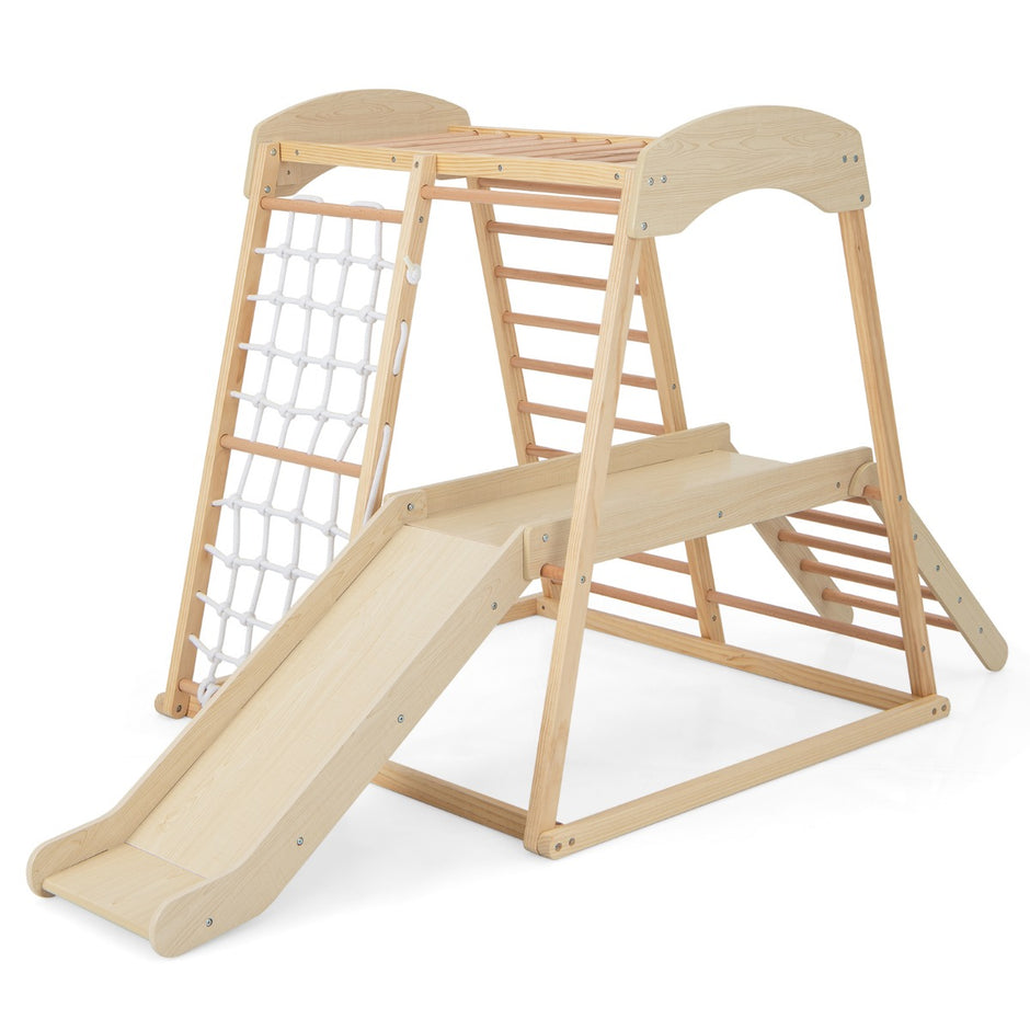 Klätterställning – inomhus Pull Up Bar och rutschkana klätternät stege tunnel Naturlig – 205 x 112 x 120 cm – Natur