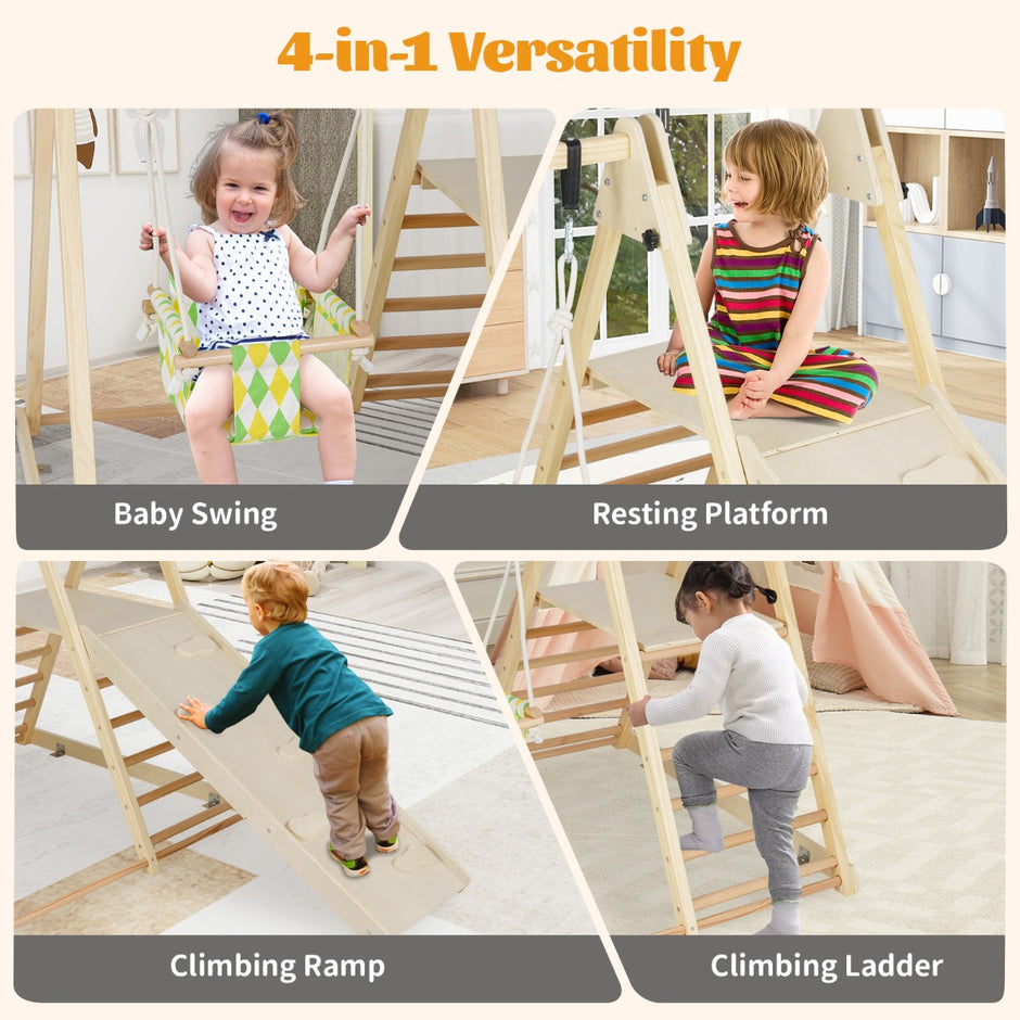i – klätterställning med babyschaukel, vilo plattform, klätterramp och stege Montessori set – 4 1 – Natur