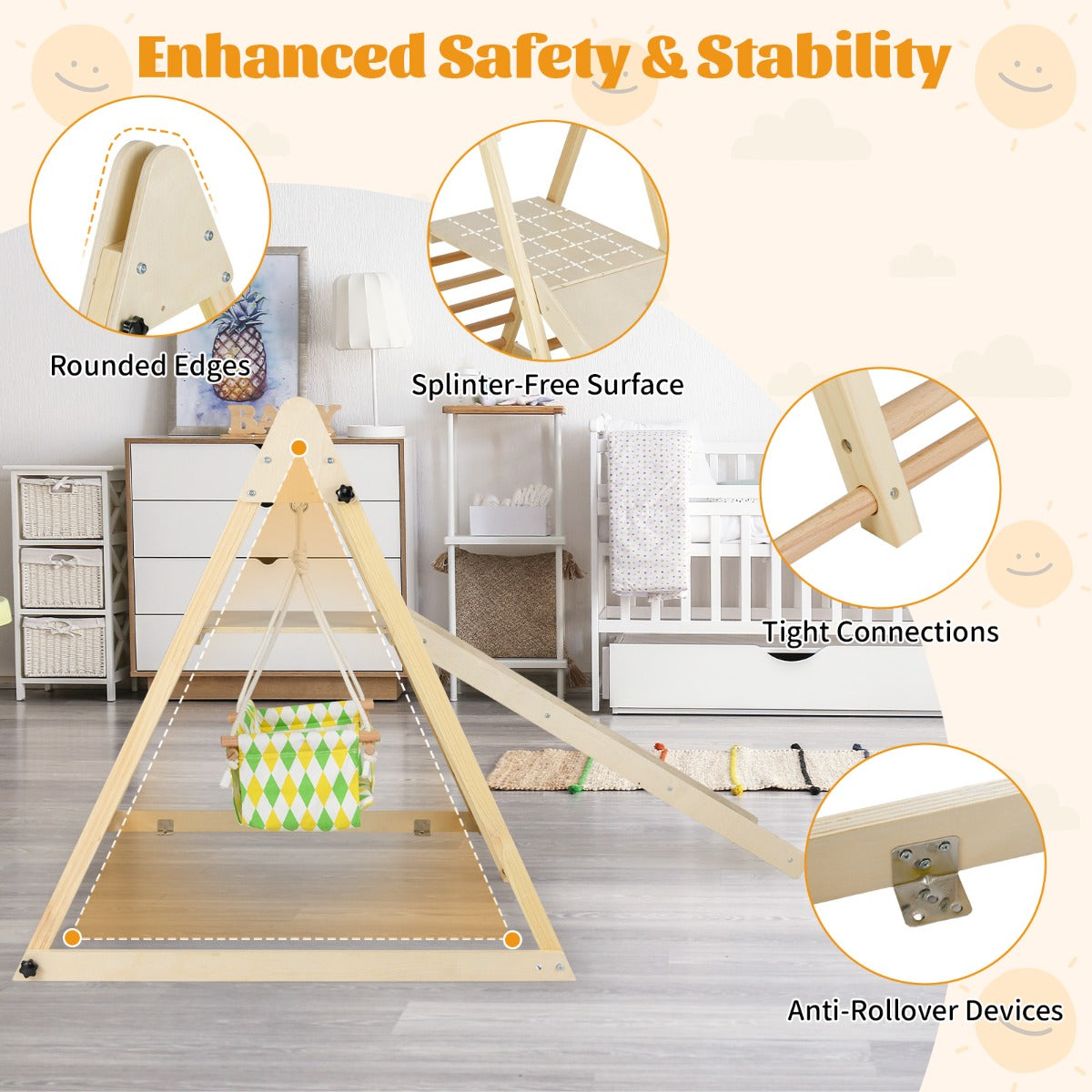 i – klätterställning med babyschaukel, vilo plattform, klätterramp och stege Montessori set – 4 1 – Natur