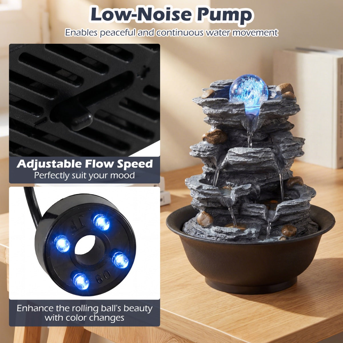 Rumsfontän – vattenfall bordsfontän med steneffekt färgad LED lampa och tyst pump – 21,5 x 26 cm – Svart