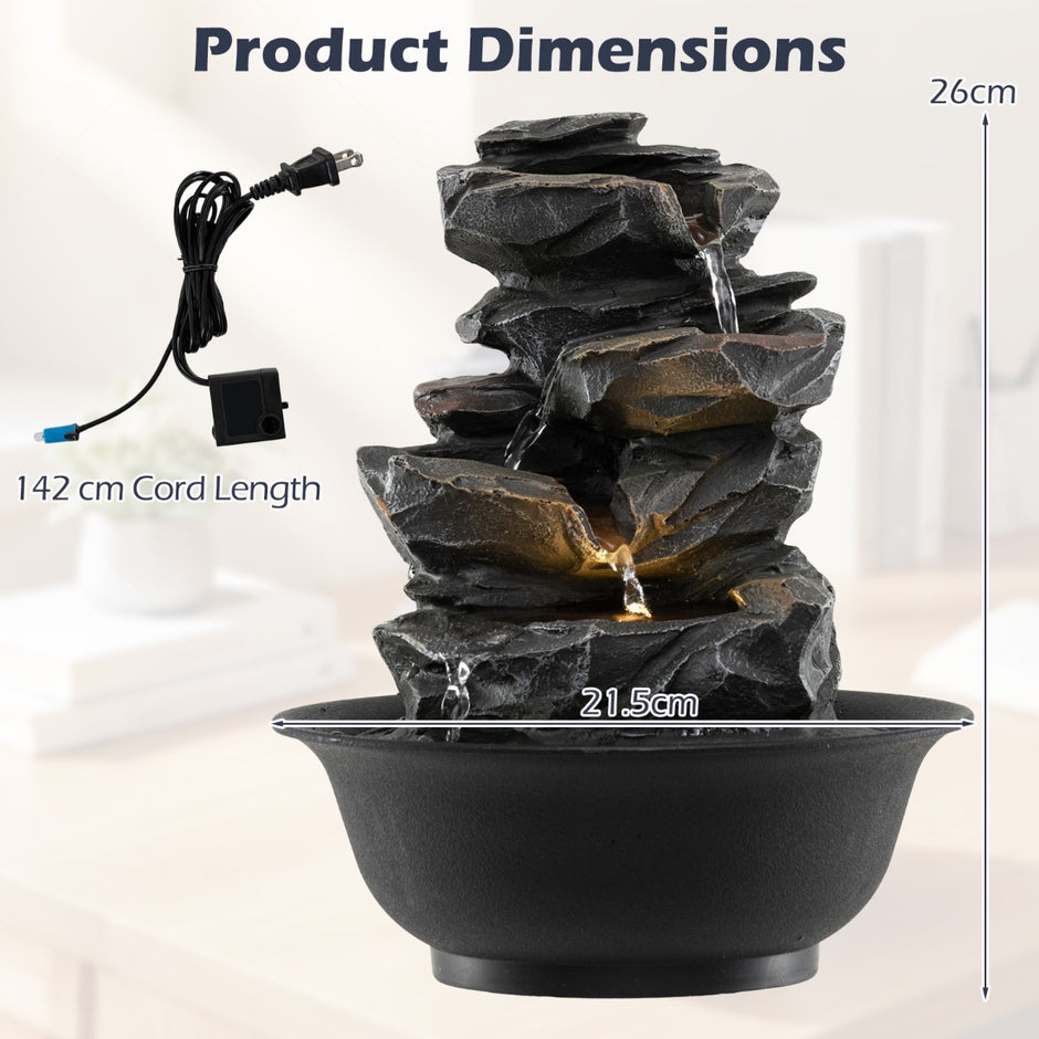 Bordsfontän – med vattenfall steneffekt färgad LED zen vattenbrunn – 21,5 x 26 cm – Svart