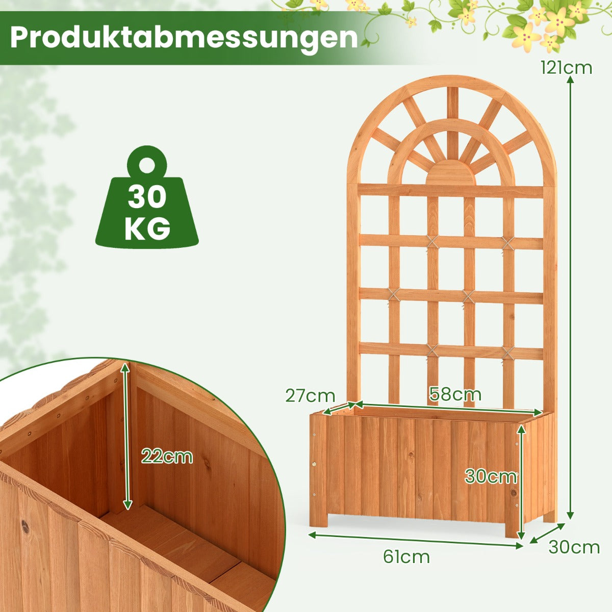 Blomlåda – med klättergaller och spaljé dränering, planteringslåda för klätterväxter – Brun