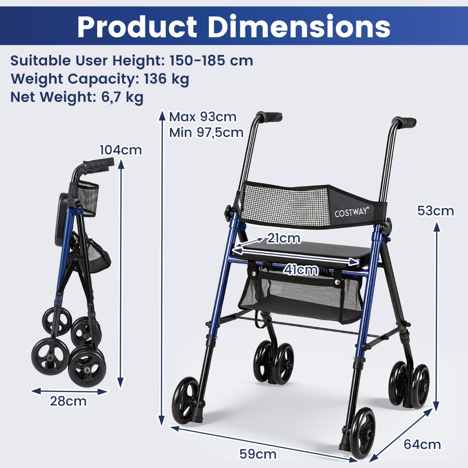 Fällbar – Rollator Med Sits Väska väg Höjdjusterbar Lätt Hjul För Seniorer – 8 15 cm – Svart