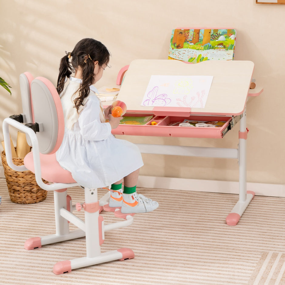 Barnskrivbord – Höjdjusterbart studentskrivbord med lutande bordsskiva ( – 51-73 cm – Rosa