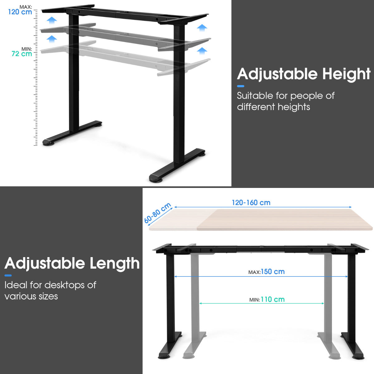 Elektrisk – tvåmotors bordsram höjdjusterbar – 109-151 x 59 x 70-120 cm – Svart