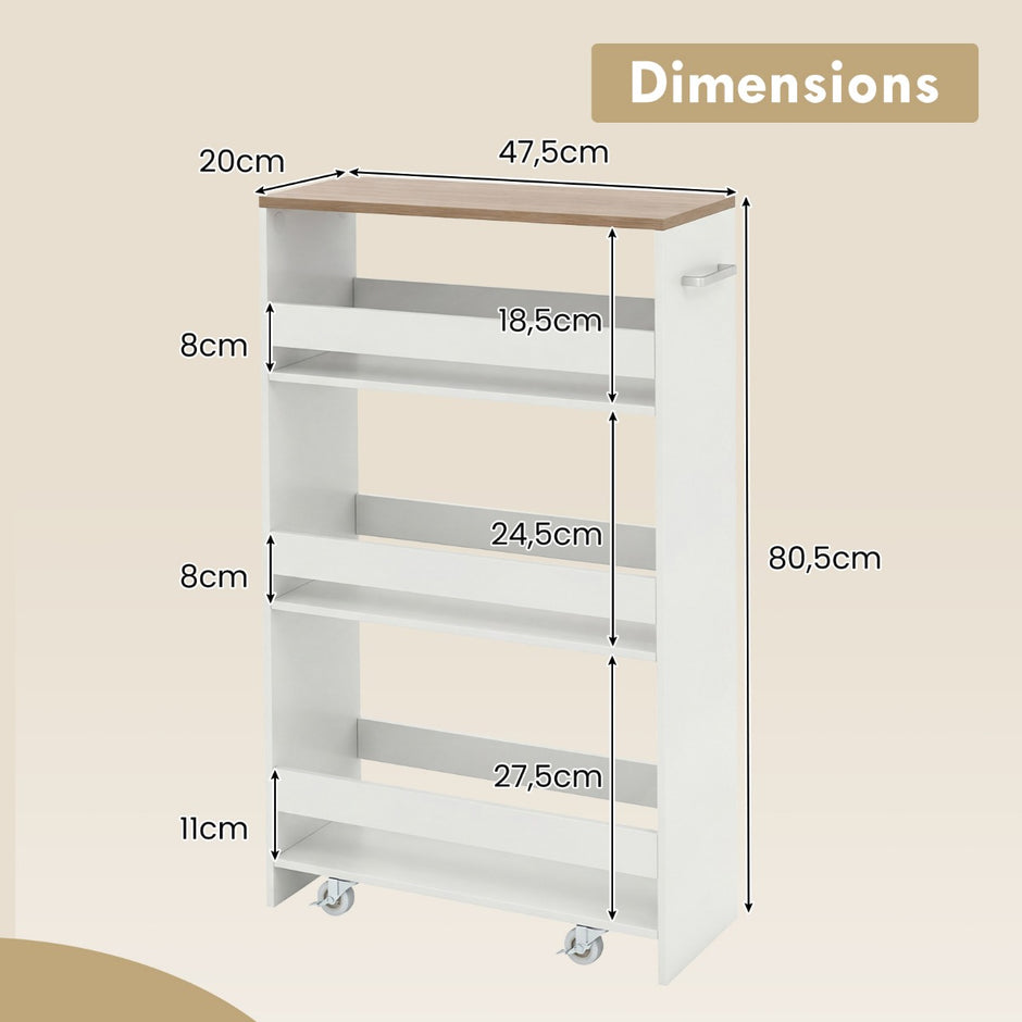 Nischvagn – bred hyllplan, smal köksvagn nischhylla på hjul + – 20 cm 4 47,5 x 20 x 80,5 cm – Natur + vit