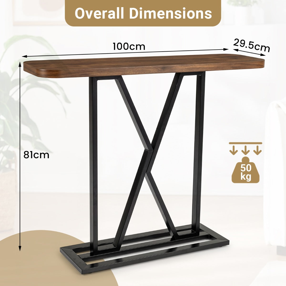 Konsollbord – rektangulär Hallområde med geometriskt Metallställ Rustikalt – 100 cm – Rustik brun
