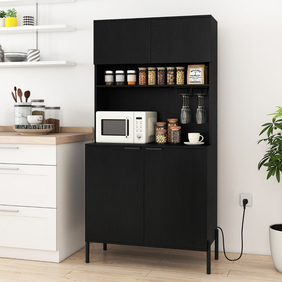 Köksskåp – med Laddningsstation hög Vinskåp Vinglas Hållare Buffé Sideboard – 164 cm – Svart