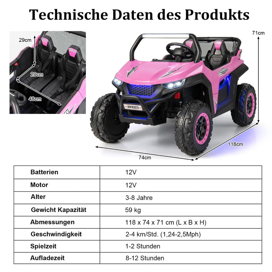 Barnbil – Mobil terrängfordon med säten och fjärrkontroll – 2 118 x 74 x 71 cm – Rosa