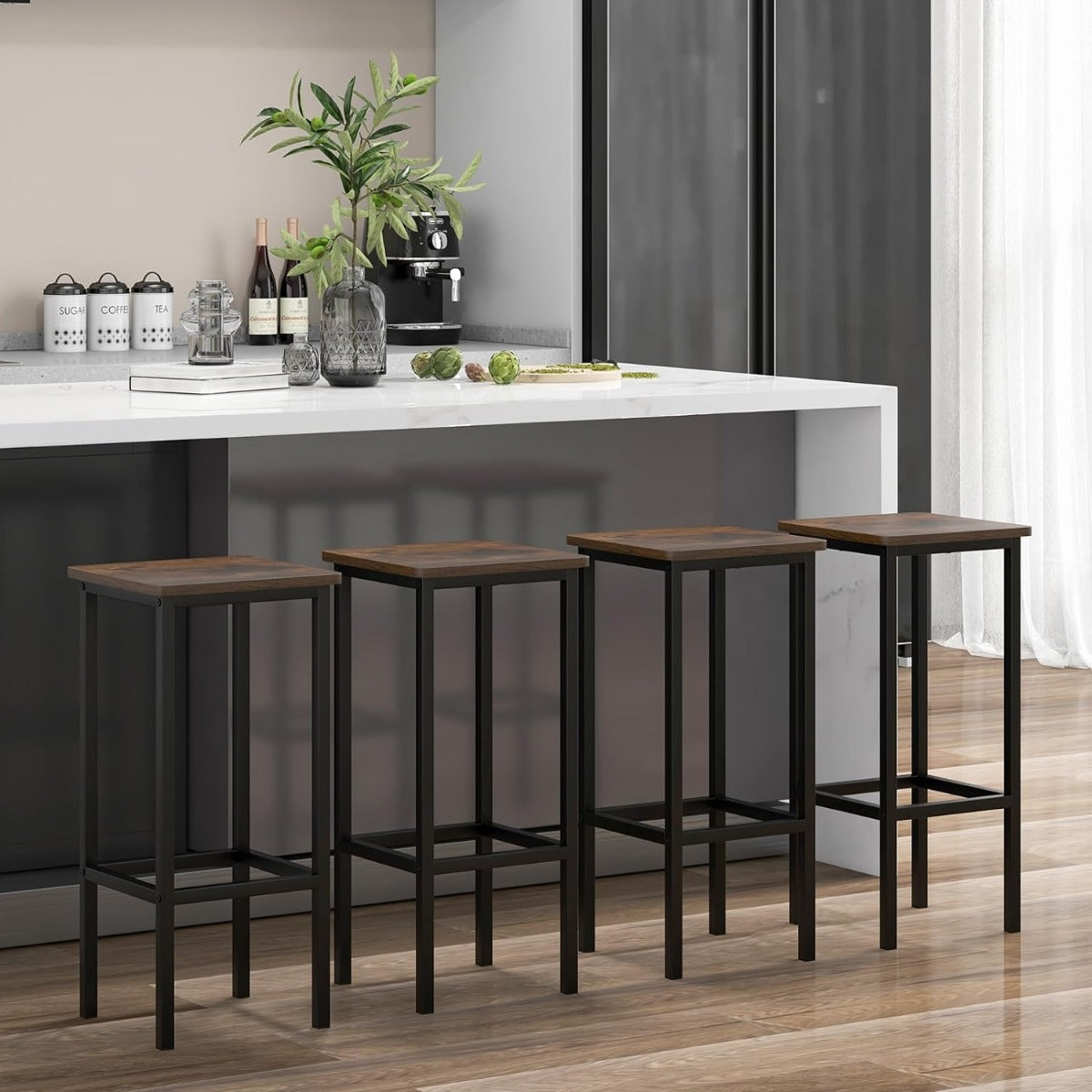Set – med barstolar stålram och fotstöd industridesign köksstolar – 4 – Rustik brun