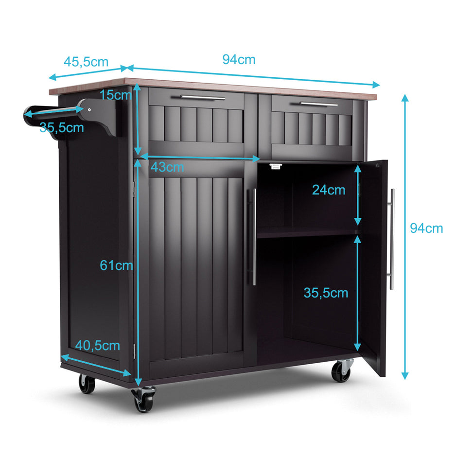 Köksvagn – Rullande serveringsvagn med lådor och skåp – 94 x 45,5 x 94,5 cm – Kaffe