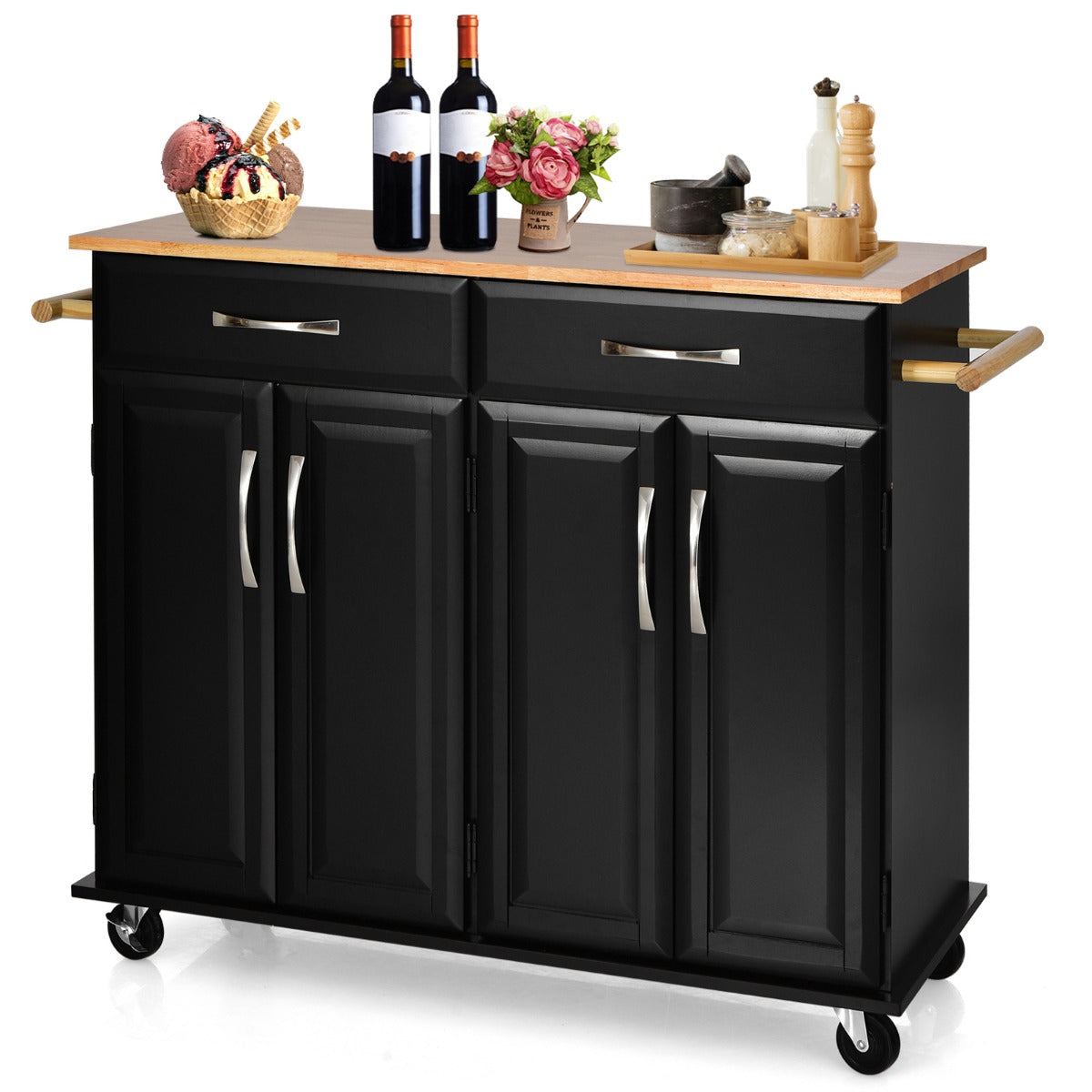 Rolling – Kitchen Island Cart med gummiträ bänkskiva dörrars serveringsvagn – 4 122 x 48 x 92,5 cm – Svart