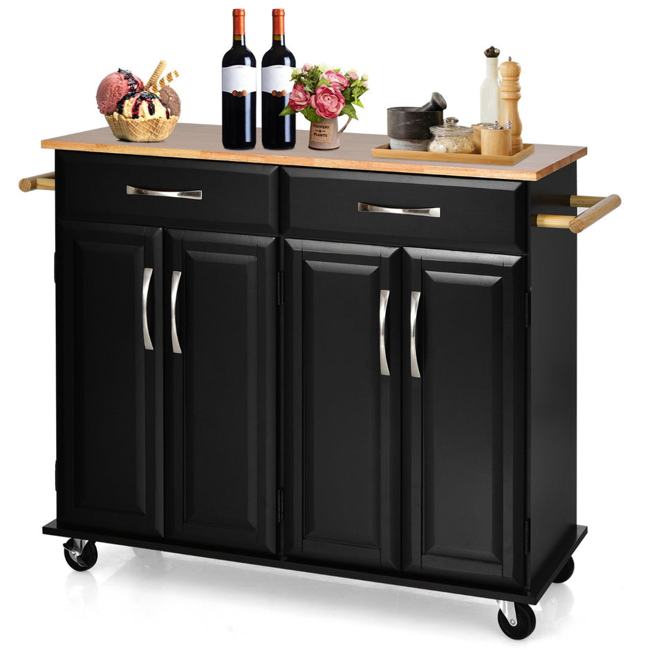 Rolling – Kitchen Island Cart med gummiträ bänkskiva dörrars serveringsvagn – 4 122 x 48 x 92,5 cm – Svart
