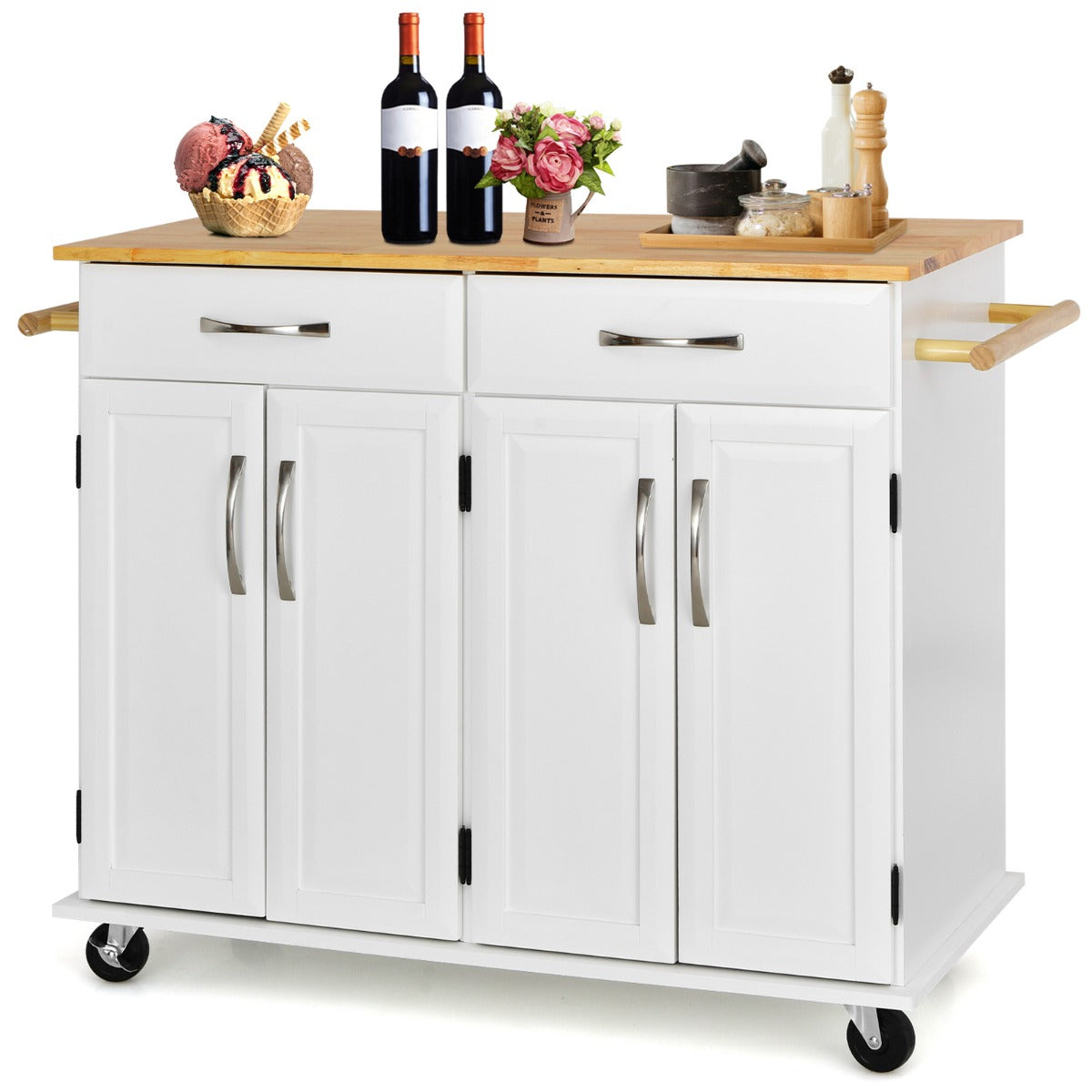 Rolling – Kitchen Island Cart med gummiträ bänkskiva dörrars serveringsvagn – 4 122 x 48 x 92,5 cm – Vit