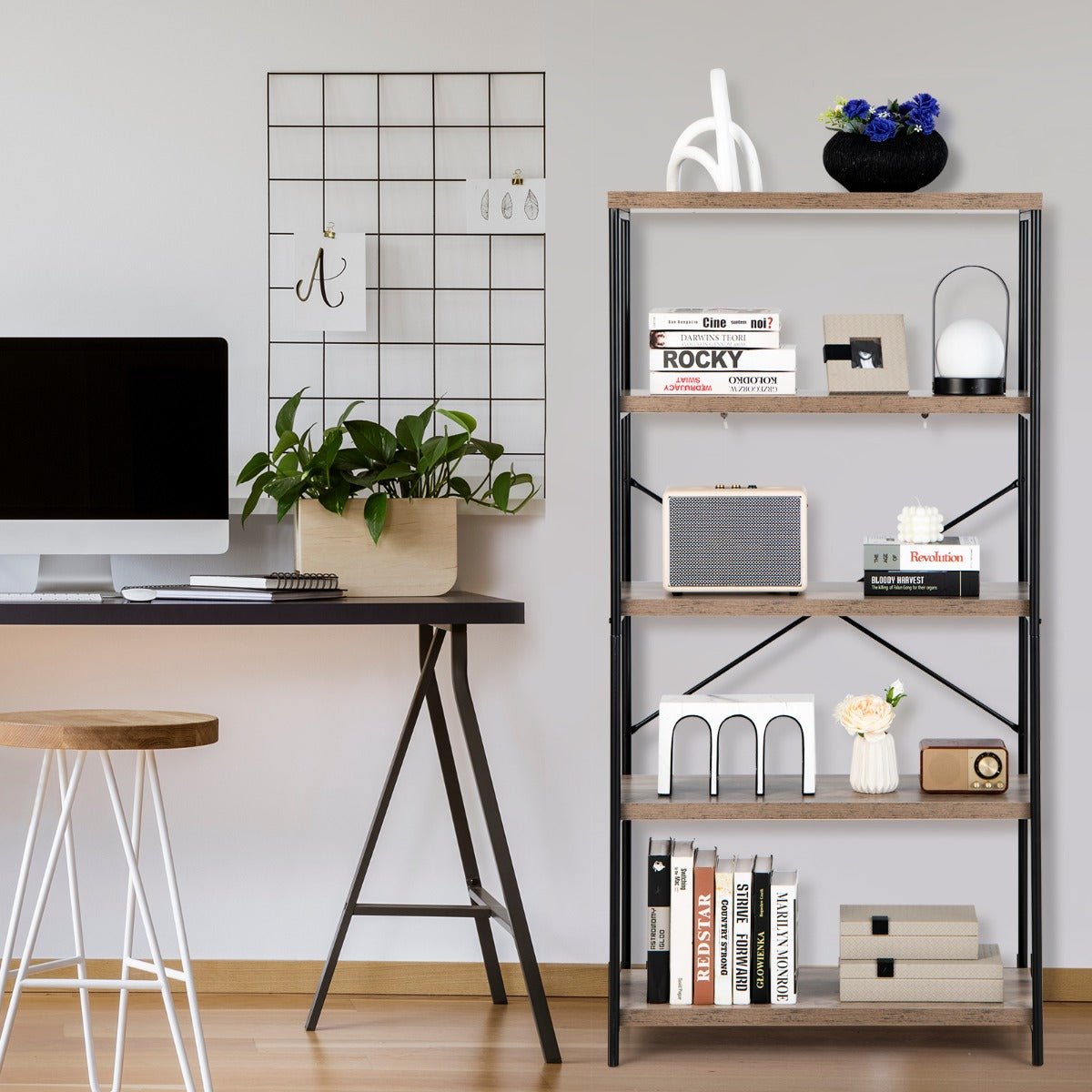 Bokhylla – med nivåer och metallram industriell design stående kontorshylla – 5 – Grå