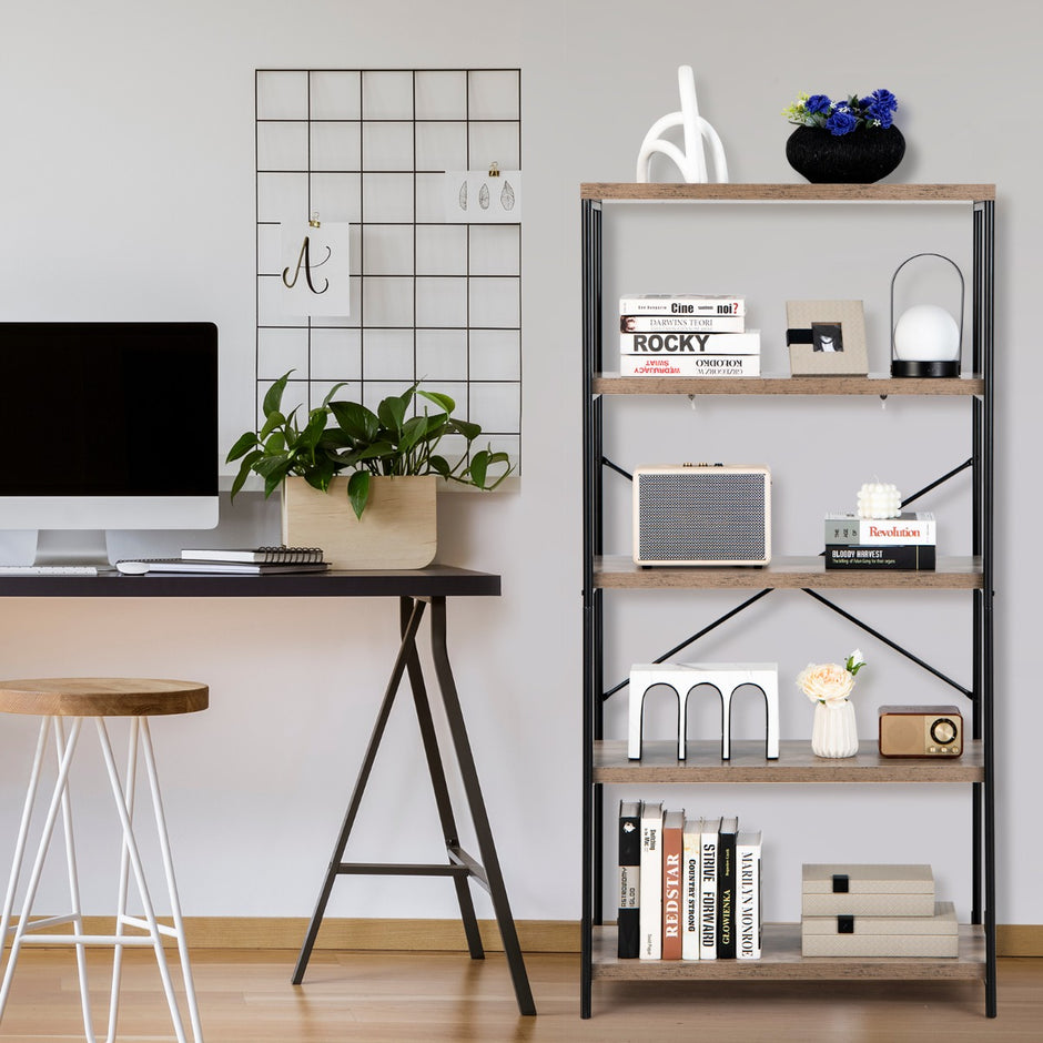 Bokhylla – med nivåer och metallram industriell design stående kontorshylla – 5 – Grå